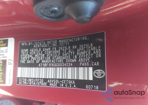 2012 Toyota Camry Se/Le/Xle z USA, uszkodzony, nr VIN 4T1BF1FKXCU534234